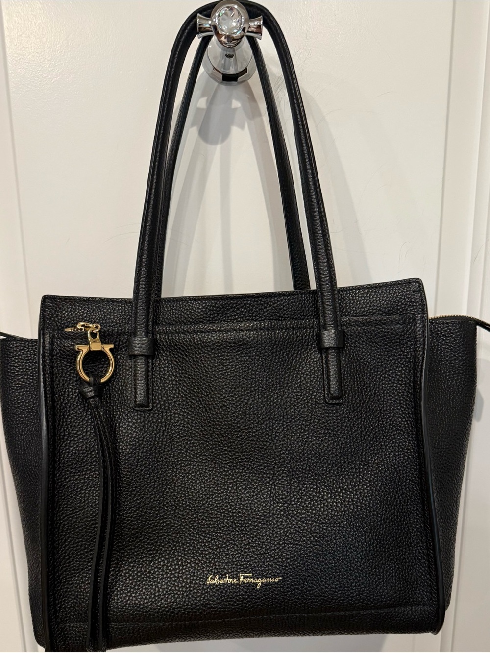 Salvatore Ferragamo Black Pebbled Leather Tote with Gold Hardware